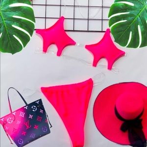 🆕 2-PC Neon Hot Pink Bikini w Starfish Triangle Top & Brazilian / Cheeky Bottom